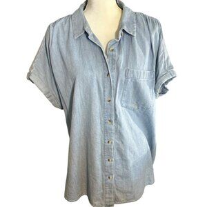 Coastal Casual Blue Chambray Denim Shirt Top Plus Sz 1X Ava & Viv Short Sleeve